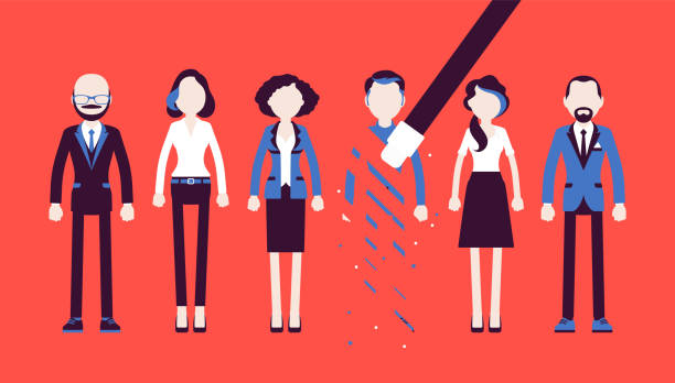 Person rubbed out and removed with eraser Person rubbed out and removed with eraser. Man obliterated from group of people, moved from business team, blocked in friends chat service, forbidden contacts. Vector illustration, faceless characters exclusion stock illustrations