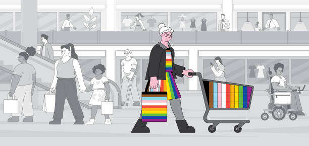 lgbtqia person shopping - progress pride flag 幅插畫檔、美工圖案、卡通及圖標