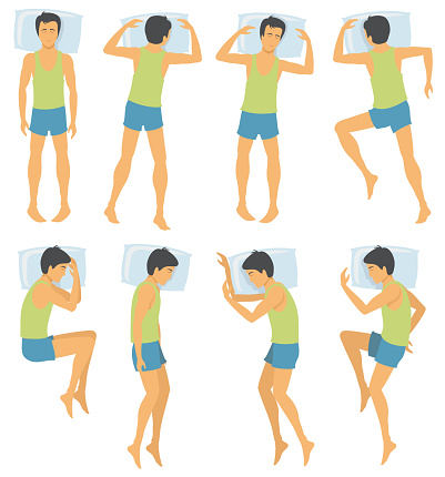 Person sleep positioning, man in different sleeping poses in bed. Vector illustration