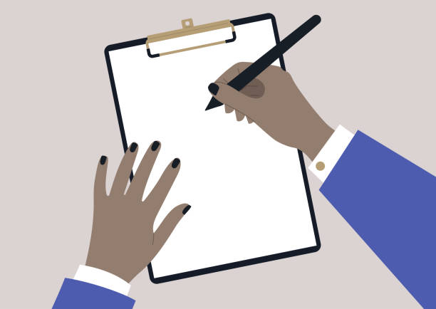 A person with a brown skin complexion writing on a sheet of paper, a clipboard template with copy space vector art illustration