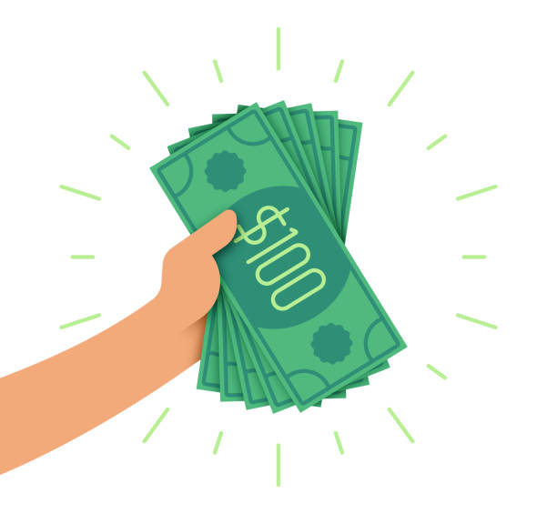A Person with a Handful of Money A person holding a handful of one hundred dollar bills while paying or offering cash. american one hundred dollar bill stock illustrations