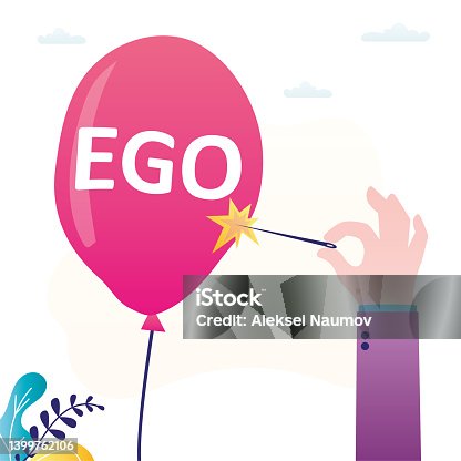 istock Person with needle pierces balloon with inscription ego. Human tries to overcome egoism 1399762106