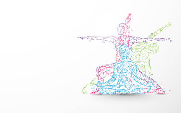 Person yoga exercise poses form lines, triangles and particle design Person yoga exercise poses form lines, triangles and particle design yoga designs stock illustrations