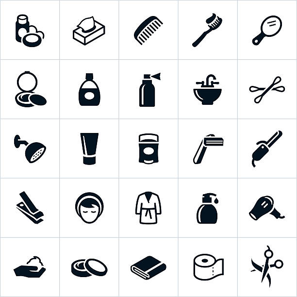 Personal Care Icons Icons representing common personal care and hygiene icons. The icons include products ranging from personal cleaning items like shampoo and soap to beautification products like makeup, lotions and a curling iron. hygiene stock illustrations