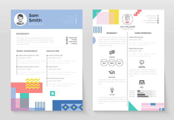 Personal CV- set of modern vector template illustrations Personal CV- set of modern vector template illustrations on white background with place for text, photo, biography, work experience, education, activities, language. Perfect presentation of job resume resume template stock illustrations
