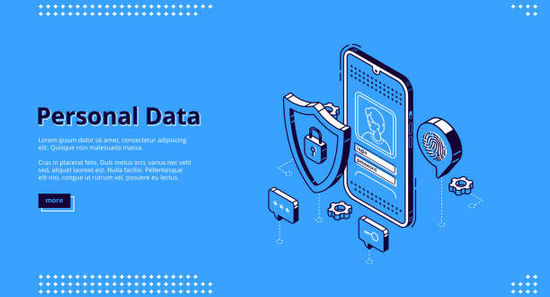 Personal data isometric landing page online access Personal data isometric landing page. Online access login and password enter page on smartphone screen, user account verification and privacy, website register form. 3d vector line art web banner. security illustrations stock illustrations