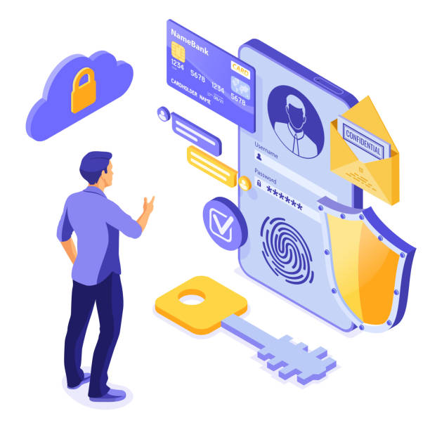 Personal Data Protection Personal data protection, internet security. phone with confidential data protection, shield, user login form. antivirus hacking isometric concept. isolated vector illustration general data protection regulation stock illustrations