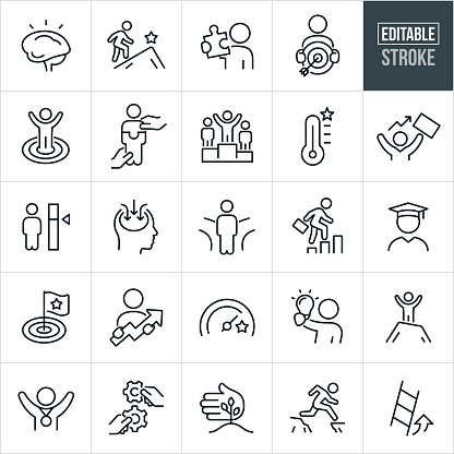 A set of personal development icons that include editable strokes or outlines using the EPS vector file. The icons include a smart human brain, person climbing mountain to peak, person with jigsaw puzzle piece, person holding target with arrow in bulls-eye, person reaching personal development goal, person standing in bulls-eye of target with arms raised, person being put together, person on winner podium with arms raised in victory, goal thermometer, business person with arms raised holding briefcase, person having skills measured, human head receiving knowledge and learning, person at fork in the road, business person stepping up graph, student graduate, flag in bulls-eye, person holding upwards arrow, goal meter, person holding lightbulb, person on top of mountain with arms raised, person with arms up and winners medal around neck, hands holding two cogs together, hand protecting growing plant, person jumping cliff gap and a ladder all to represent people working on self improvement or personal development.