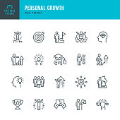Personal Growth - thin line vector icon set. 20 linear icon. Pixel perfect. Editable outline stroke. The set contains icons: Leadership, Learning, Career, Skill, Motivation, Moving Up, Winner, Success, Competition, Ladder of Success.