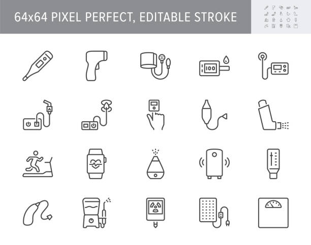 Personal medical devices line icons. Vector illustration include icon - thermometer, glucometer, insulin pump, outline pictogram for domestic health equipment. 64x64 Pixel Perfect, Editable Stroke Personal medical devices line icons. Vector illustration include icon - thermometer, glucometer, insulin pump, outline pictogram for domestic health equipment. 64x64 Pixel Perfect, Editable Stroke. blood pressure gauge stock illustrations