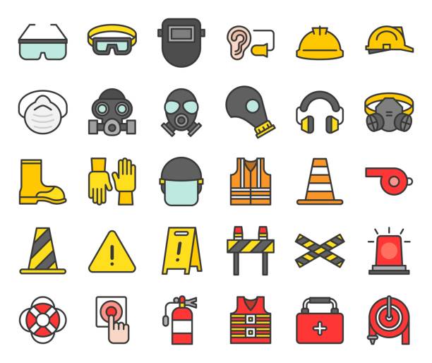 Personal Protective equipment and firefighter equipment icon, filled outline Personal Protective equipment and firefighter equipment icon, filled outline safety equipment stock illustrations