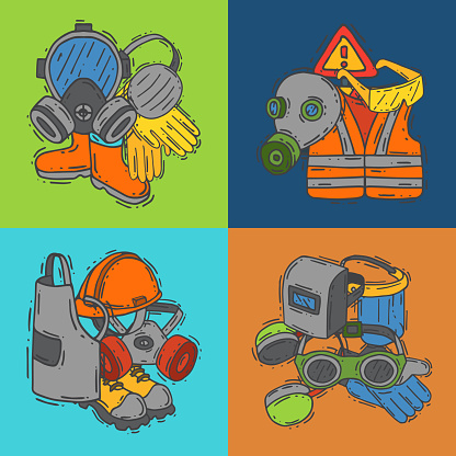 Personal protective equipment for safe work vector illustration. Big sale on health and safety supplies banner. Best offer of gloves, helmet, glasses, protection gas mask.