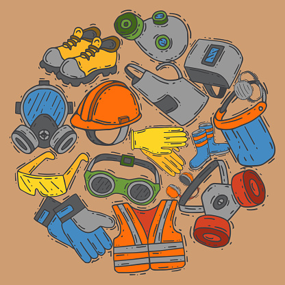 Personal protective equipment for safe work vector illustration. Big sale on health and safety supplies round pattern. Best offer of gloves, helmet, glasses, protection gas mask.