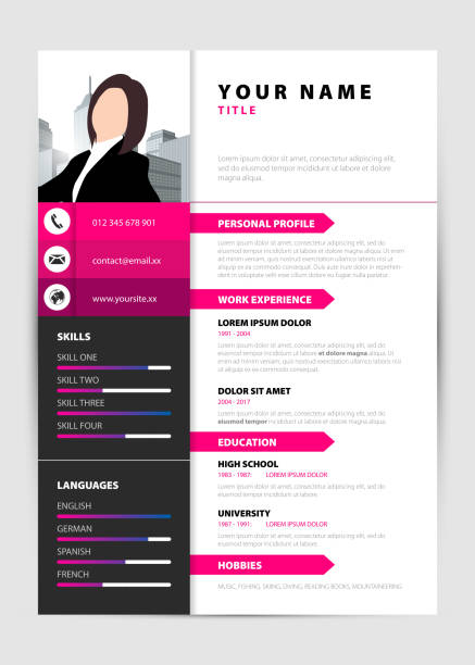 Personal Resume. Modern template in pink style. Vector Personal Resume. Modern template in pink style. Vector illustration resume template stock illustrations