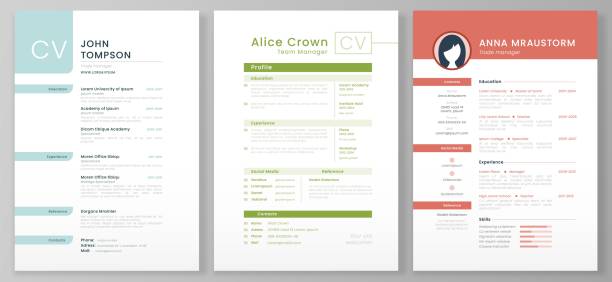 Personal resume template. Artistic profile, professional CV forms and minimalist resumes mockup vector illustration set Personal resume template. Artistic profile, professional CV forms and minimalist resumes mockup. IT employment management, business work hr interview page vector illustration set resume stock illustrations