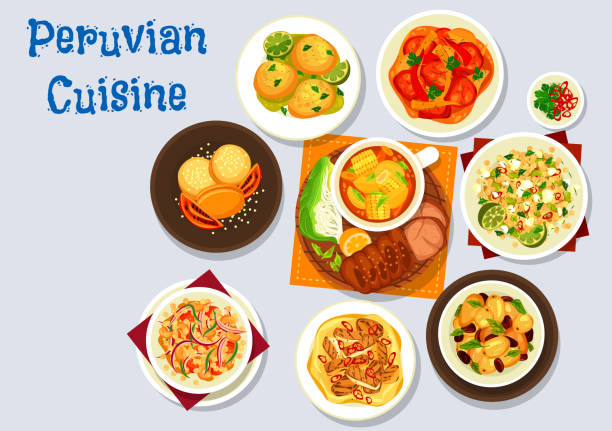 Peruvian meat and vegetable dishes with cookies Peruvian food vector design of meat and vegetable dishes with dessert. Beef and chicken stew with corn and chilli, quinoa salads with feta and avocado, baked potato with olives and cookie alfajores corn beef and cabbage stock illustrations