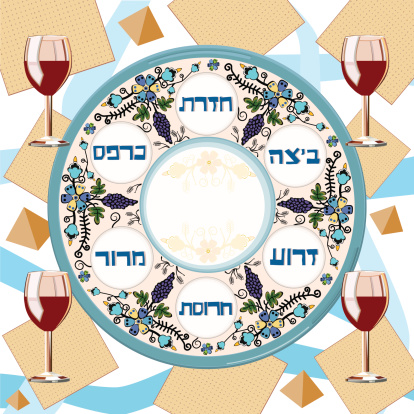 Pesach Traditional Plate, Matzoh and Four Glasses of Wine