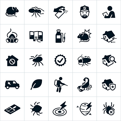 Icons related to the pest control or exterminator industry. The icons include different bugs, pests, exterminators and other related symbols.