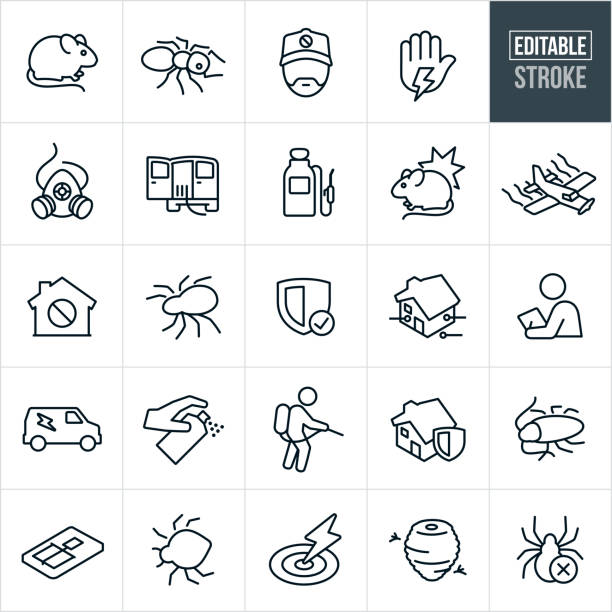 Pest Control Line Icons - Editable Stroke A set of pest control icons that include editable strokes or outlines using the EPS vector file. The icons include exterminators, pests, bugs, spiders, cockroach, bed bug, mouse, rat, ant and bug spray to name a few. pest stock illustrations