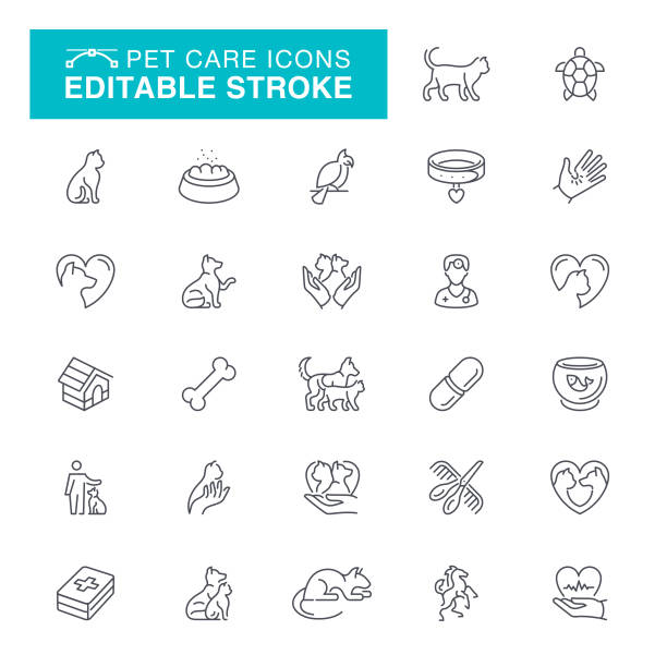 Pet Care Editable Line Icons Veterinary, Pets, Animal, Animal Themes, Fish, Turtle, Editable Stroke Icon Set dog symbols stock illustrations