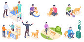 Pet dog care, daily owner life, vector isolated isometric icons. Dog pet and owner daily activity, veterinarian checkup, walking in park and picking pet poop, training with toy ball and grooming