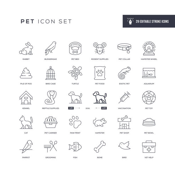 Pet Editable Stroke Line Icons 29 Pet Icons - Editable Stroke - Easy to edit and customize - You can easily customize the stroke with dog icons stock illustrations