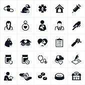 A set of icons representing the pet insurance or veterinary industry. The icons include vets, dogs, cats, medication, injury, illness and other pet health related icons.