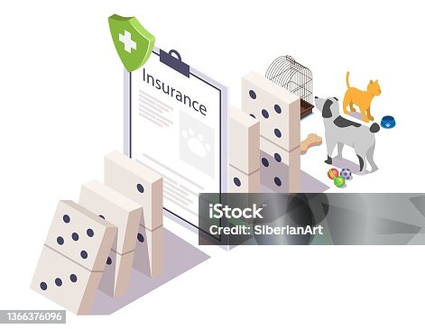 istock Pet insurance policy stopping domino effect, vector isometric illustration. Animal health insurance for cats and dogs. 1366376096