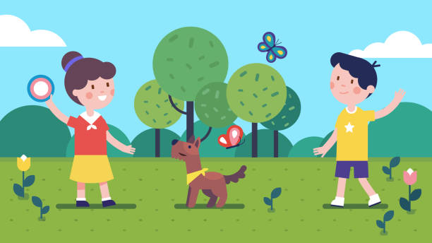Pet owners girl and boy throwing and catching flying disk and playing with dog on summer meadow. Kids playing with puppy friend together. Smiling children cartoon characters. Flat vector illustration Pet owners girl and boy throwing and catching flying disk and playing with dog on summer meadow. Kids playing with puppy friend together. Smiling children cartoon characters. Flat style vector isolated illustration frisbee clipart stock illustrations