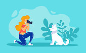 Pet photographer taking photo of a dog. Woman taking photo with modern digital camera. Funny white dog is sitting in the plants. Vector illustration with bright blue background.