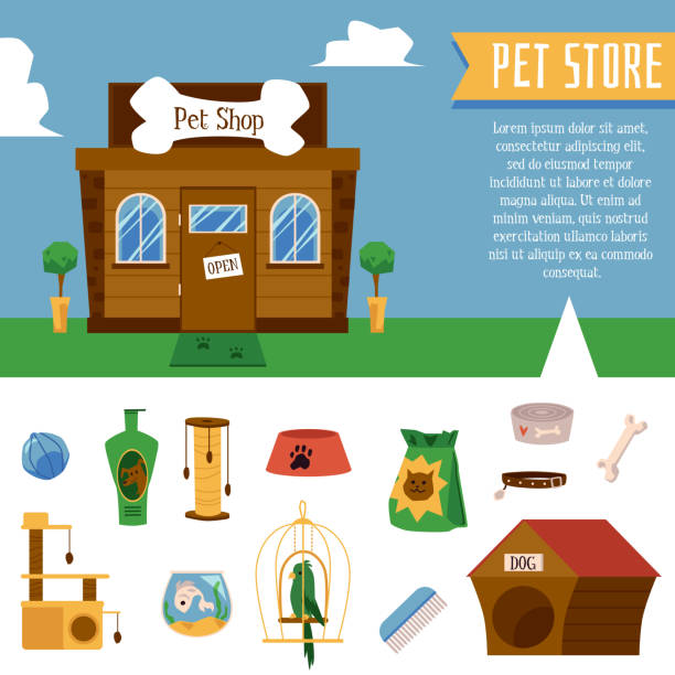 Pet shop or zoo store banner with building facade and domestic...