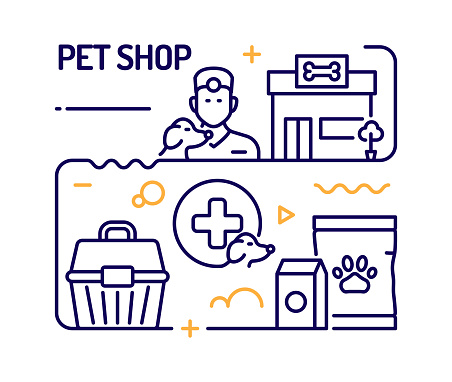 Pet Shop Concept, Line Style Vector Illustration