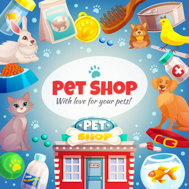 Pet shop frame with logo, animals, food and goods care, store...
