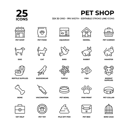 Pet Shop Vector Style Editable Stroke Thin Line Icons on a 32 pixel grid with 1 pixel stroke width. Unique Style Pixel Perfect Icons can be used for infographics, mobile and web and so on.