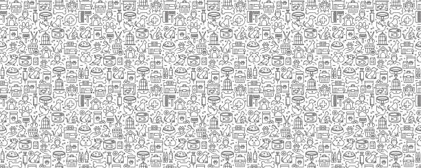 Pet Shop Related Seamless Pattern and Background with Line Icons