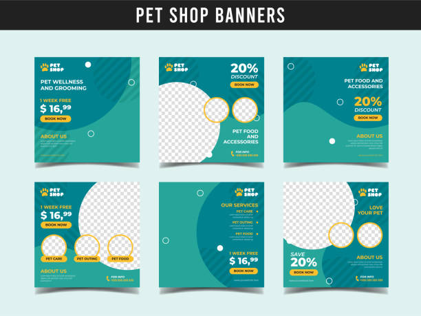 Pet shop square banner template. Promotional banner for social media post, web banner and flyer Vol.12 Set of pet shop or animal clinic banners dog backgrounds stock illustrations