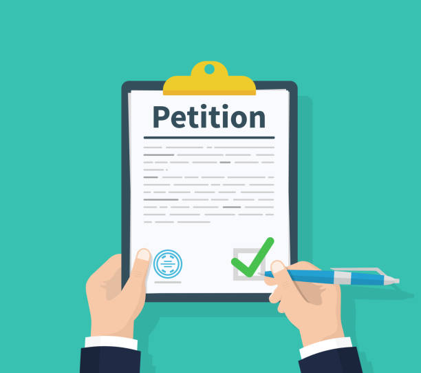 Petition concept. Man hold clipboard in hand writes Petition concept. Diagrams. Flat design, vector illustration on background. vector art illustration