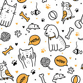 istock Pets cats and dogs seamless pattern in doodle style 1298623258