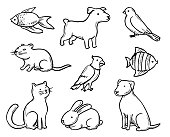 Pets Doodle Set. Vector illustration.