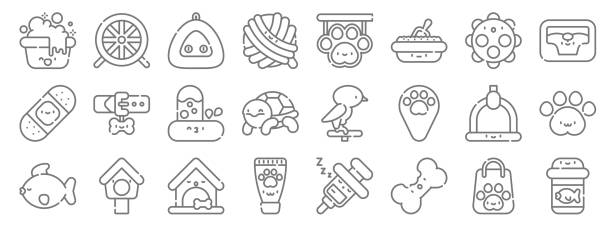 pets line icons. linear set. quality vector line set such as fish food, dog biscuit, cream, fish, hanger, water, pet bed, pet shop, hamster wheel pets line icons. linear set. quality vector line set such as fish food, dog biscuit, cream, fish, hanger, water, pet bed, pet shop, hamster wheel dog treats stock illustrations