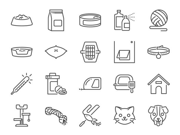 Petshop line icon set. Included icons as pet shop, pets, cat, dog, vitamin, toy and more. Petshop line icon set. Included icons as pet shop, pets, cat, dog, vitamin, toy and more. kitten litter stock illustrations