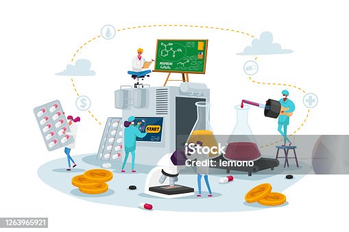 istock Pharmaceutical Medical Drugs Producing at Factory. Tiny Pharmacist Characters at Huge Production Line Conveyor Belt 1263965921