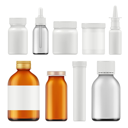 Pharmaceutical white bottles. Blank medicament supplement box or packages realistic white empty vector containers