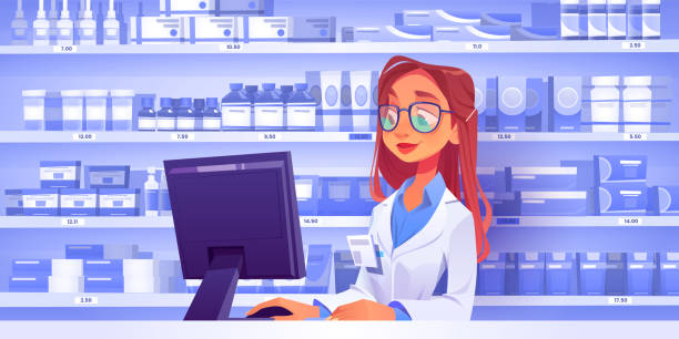 ilustrações de stock, clip art, desenhos animados e ícones de pharmacist at counter in pharmacy with medicines - balcão computador