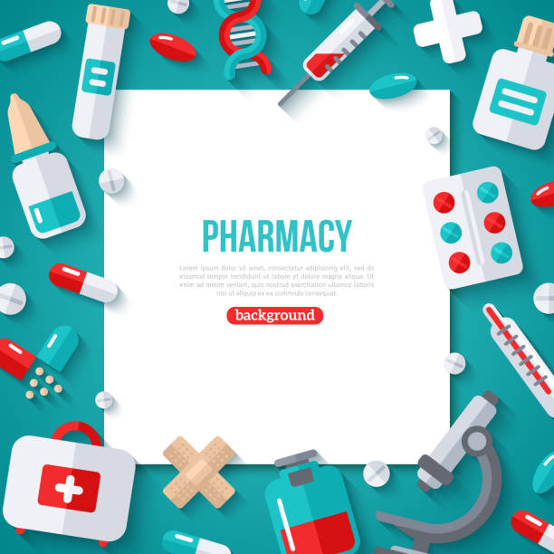 Pharmacy Banner Flat Icons Pharmacy Banner With Square Frame and Flat Icons on Blue Background. Vector illustration. Medical Concept Frame. Drugs and Pills, Lab Tests, Medication laboratory borders stock illustrations