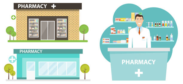 Pharmacy building in a flat design. Interior and pharmacy building. Pharmacy room with a pharmacist. Vector illustration, vector. Pharmacy building in a flat design. Interior and pharmacy building. Pharmacy room with a pharmacist. Vector illustration, vector. pharmacy stock illustrations