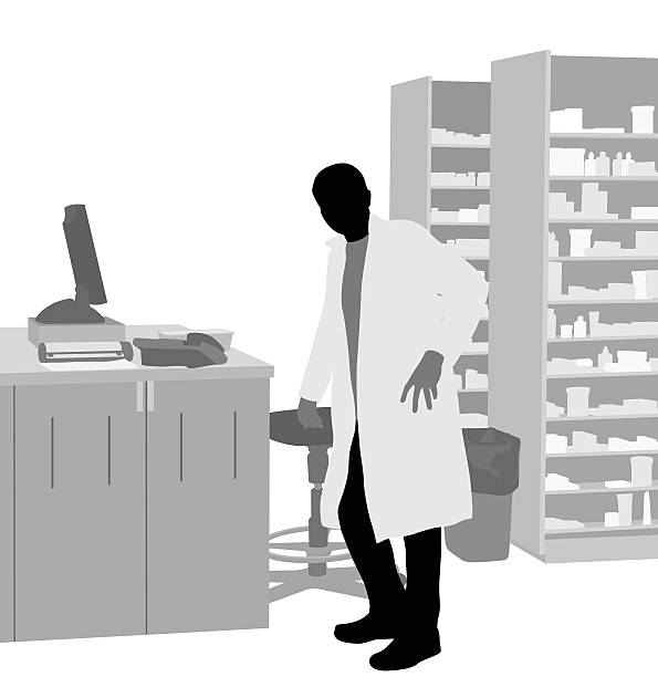 Pharmacy Clerk A vector silhouette illustration of a male pharmacist posing beside his computer and work station beside shelves of medication. laboratory silhouettes stock illustrations