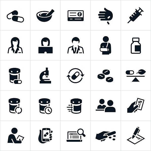 Pharmacy Icons A set of pharmacy icons. The icons include pharmacists, pharmaceuticals, pills, medicine, insurance card, immunizations, insulin, pill bottles, refills, speed of service, customer service, insurance, prescription, medical equipment and other related items. pharmacy stock illustrations