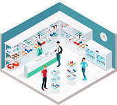 Pharmacy interior isometric composition with indoor apothecary counter shopboards and faceless characters of customers and druggist vector illustration