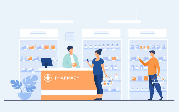 illustrazioni stock, clip art, cartoni animati e icone di tendenza di concetto di farmacia o negozio di medicina - farmacia
